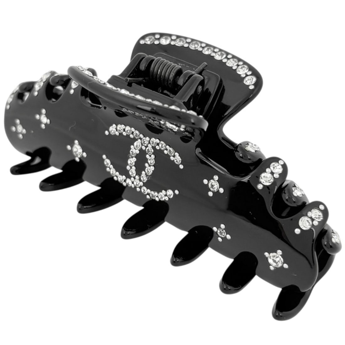 Chanel hair clip with Coco Mark, studs, plastic, rhinestones, black, for women.: --- Catalog ---Category: SizeSize (LxW): 3.5cm x 9cm / 1.37'' x 3.54''Category: DesignType: Hair clipColor: BlackGender: WomenMaterial: Plastic, RhinestoneCategory: GeneralBrand: Chanel--- Item List -