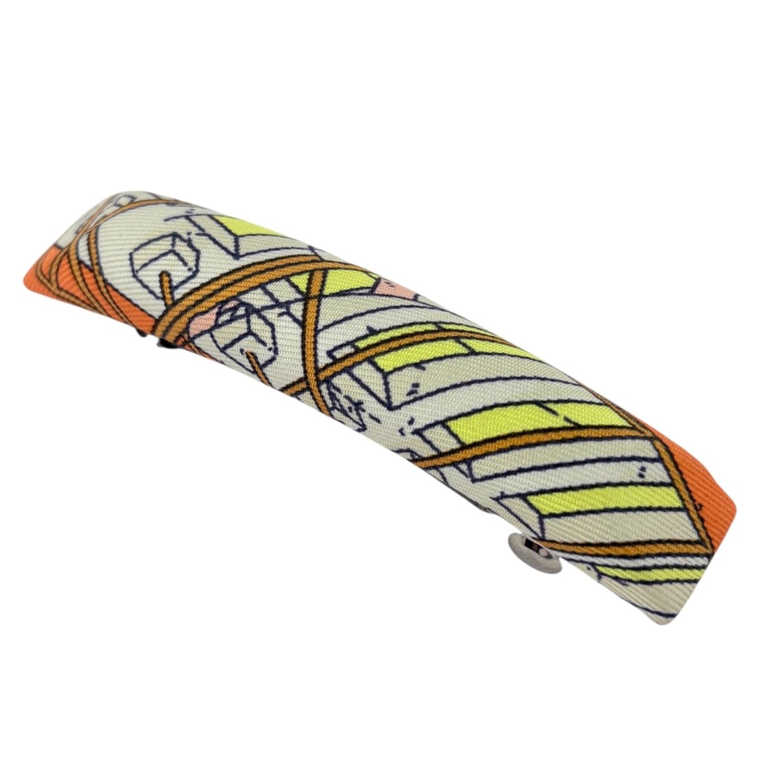 Hermes Eclipse Barrette, Metal Silk, Silver Orange, Women's: --- Catalog ---Category: SizeSize (LxW): 1.5cm x 8.5cm / 0.59'' x 3.34''Category: DesignType: BarretteColor: Orange, SilverGender: WomenMaterial: Metal, SilkCategory: GeneralBrand: Hermes--- Item List