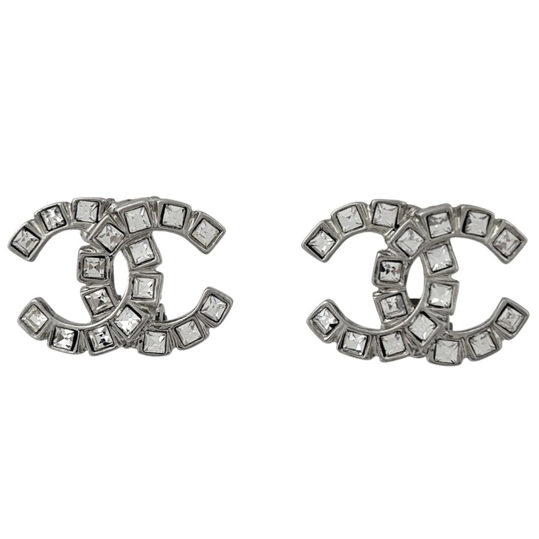 Chanel earrings, Coco Mark design, metal, rhinestones, silver, women's. (1 of 10)