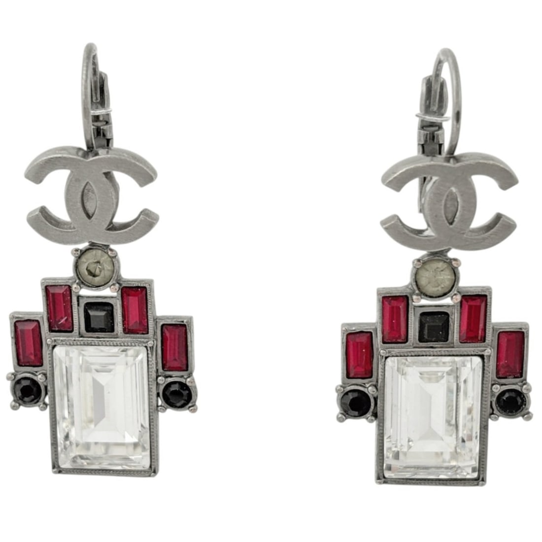 Chanel earrings, Coco Mark, swing style, Gripoix, silver plated, colored stone, silver, women's. (1 of 18)