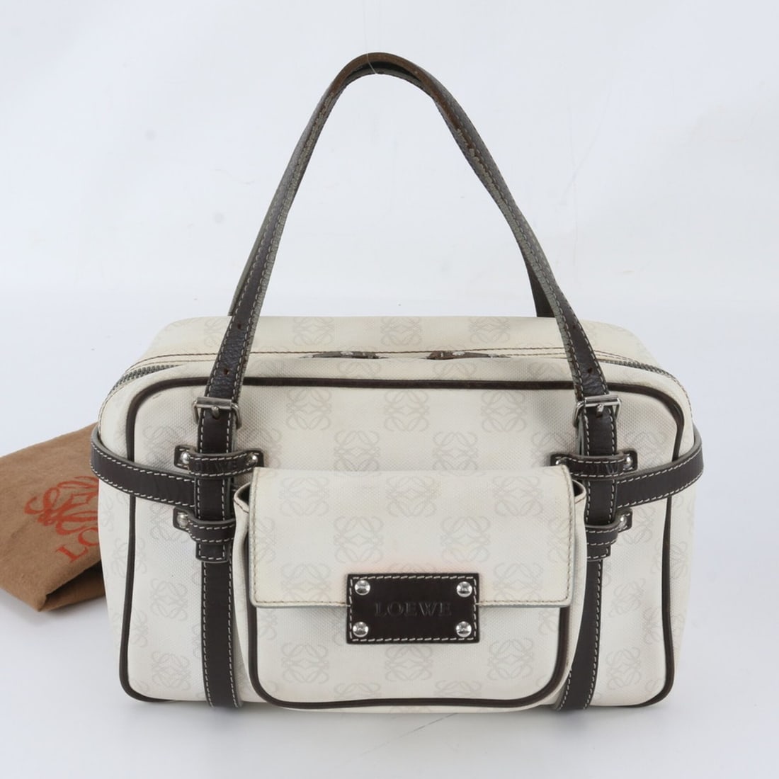 Loewe Anagram Leather Handbag, Mini Boston Bag, Tote Brown, Silver Hardware, Women's