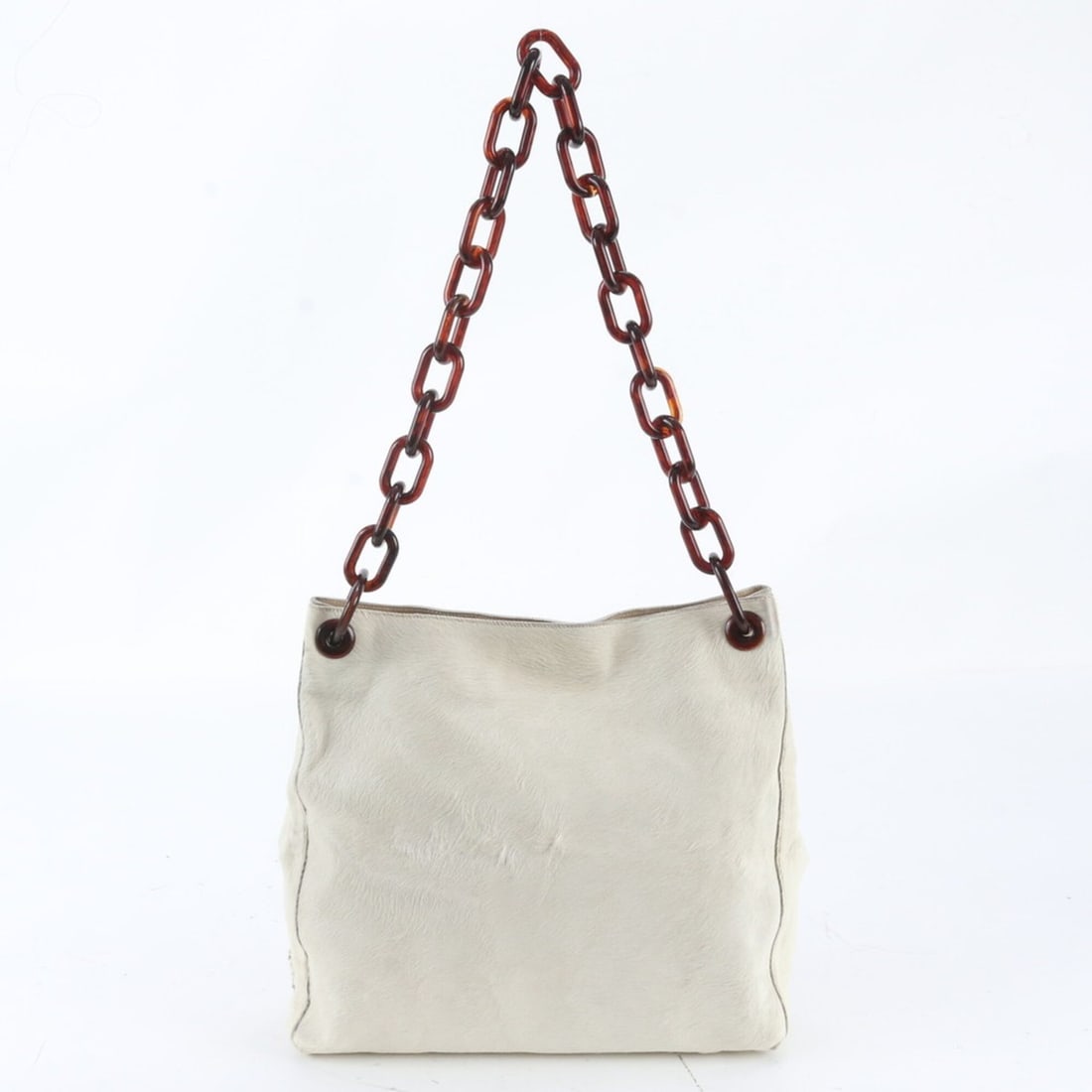 Prada Triangle Logo Calf Hair Leather Chain Shoulder Bag Tote for Women