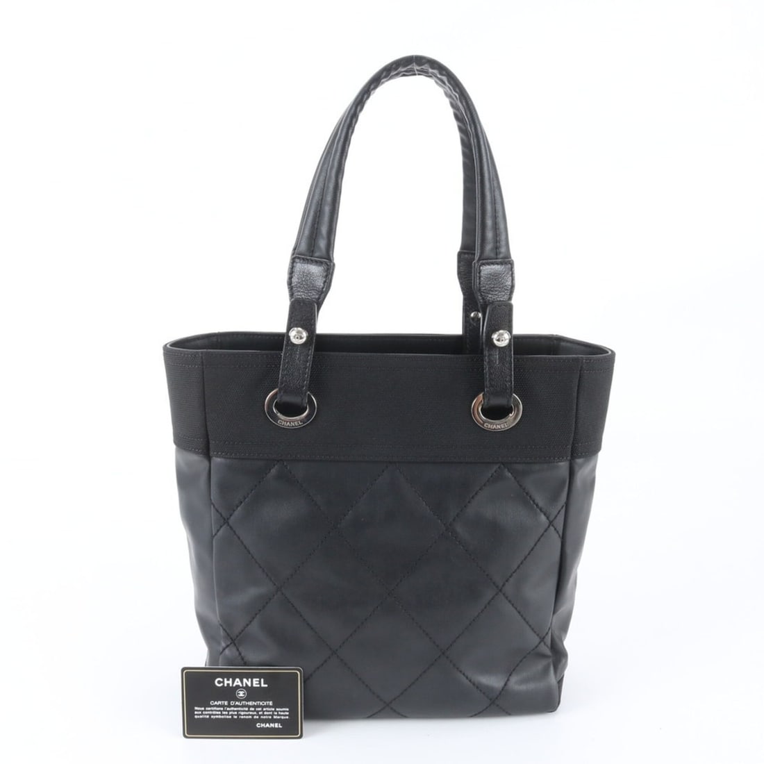 Chanel Paris Biarritz PM Leather Tote Bag Shoulder for Women, with Guarantee and Serial Number: --- Catalog ---Category: SizeSize (HxWxD): 26cm x 26cm x 11cm / 10.23'' x 10.23'' x 4.33''Category: DesignType: Shoulder bag, Tote bagColor: BlackGender: WomenMaterial: Leather , Canvas Category: Gene