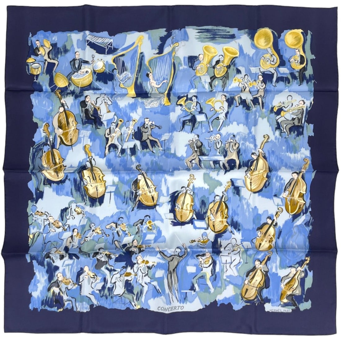 Hermes Carre 90 Concerto Scarf/Muffler, Silk, Navy, Women's: --- Catalog ---Category: SizeSize (LxW): 89cm x 90cm / 35.03'' x 35.43''Category: DesignType: ScarfColor: NavyGender: WomenMaterial: Silk Category: GeneralBrand: Hermes--- Item List ---Section: Condit