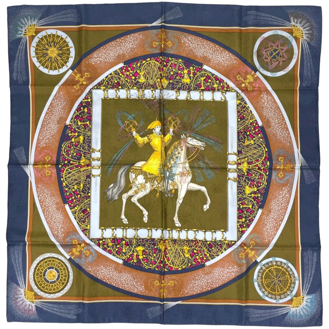 Hermes Carre 90 FEUX D'ARTIFICE Scarf/Muffler, Silk, Navy Brown, Women's: --- Catalog ---Category: SizeSize (LxW): 89cm x 90cm / 35.03'' x 35.43''Category: DesignType: ScarfColor: Brown, NavyGender: WomenMaterial: Silk Category: GeneralBrand: Hermes--- Item List ---Section: