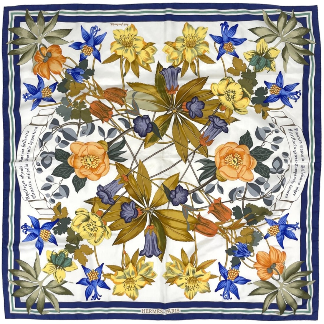 Hermes Carre 90 Fleurs d'Hellade Scarf/Muffler, Silk, Blue, Women's.: --- Catalog ---Category: SizeSize (LxW): 90cm x 89cm / 35.43'' x 35.03''Category: DesignType: ScarfColor: BlueGender: WomenMaterial: Silk Category: GeneralBrand: Hermes--- Item List ---Section: Condit