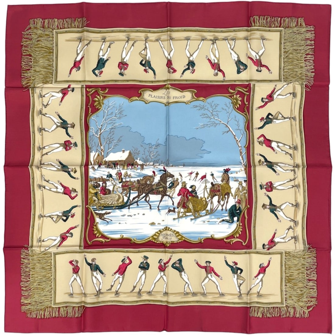 Hermes Carre 90 Les Plaisirs du Froid Scarf/Muffler, Silk, Red/Beige, Women's: --- Catalog ---Category: SizeSize (LxW): 89cm x 89cm / 35.03'' x 35.03''Category: DesignType: ScarfColor: Beige, Red colorGender: WomenMaterial: Silk Category: GeneralBrand: Hermes--- Item List ---Sec