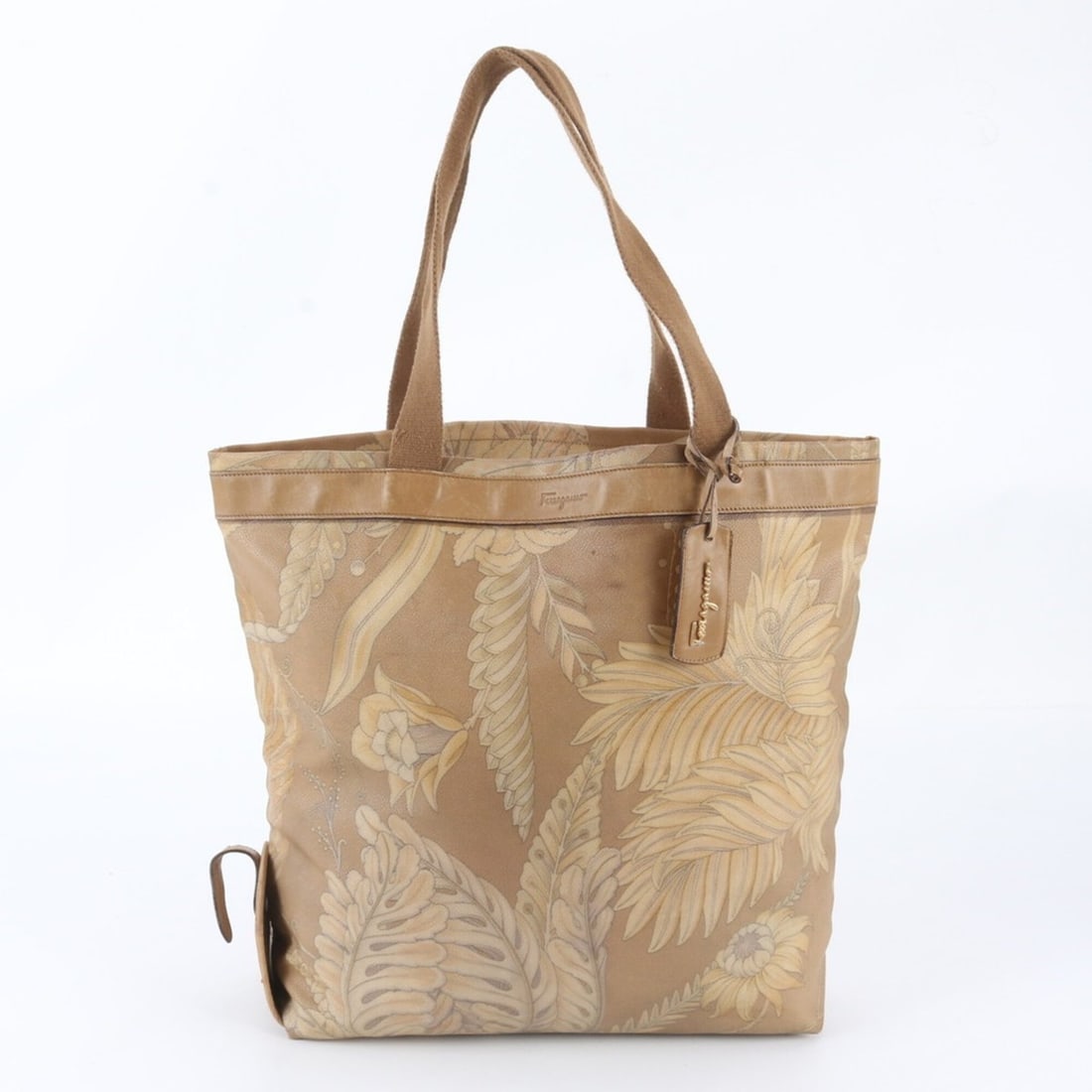 Salvatore Ferragamo Leather Botanical Print Tote Bag, Shoulder Handbag, Beige, Women's
