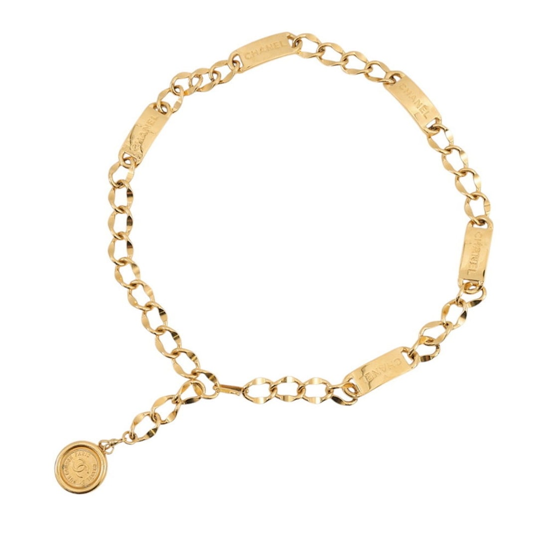 Chanel Chain Belt, Coco Mark Coin Motif Plate Metal CHANEL Belt: --- Catalog ---Category: SizeLength: 61cm - 83cm / 24.01'' - 32.67''Category: DesignType: Chain beltColor: GoldGender: WomenCategory: GeneralBrand: Chanel--- Item List ---Section: ConditionRanking: Ra