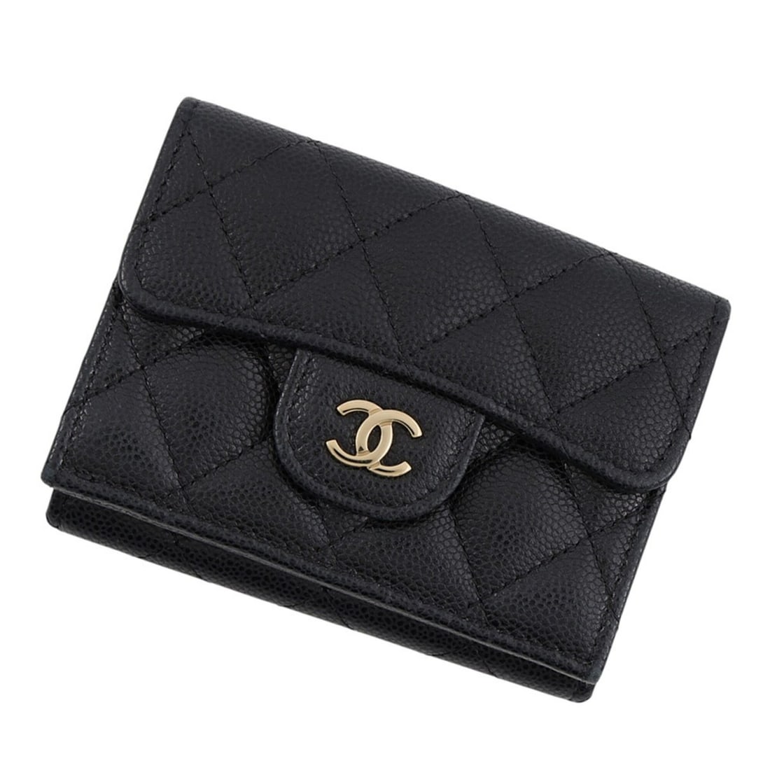 Chanel Tri-fold Wallet Matelassé Coco Mark Classic Small Flap Caviar Skin AP0230 CHANEL Black: --- Catalog ---Category: SizeSize (HxWxD): 7cm x 10.5cm / 2.75'' x 4.13''Category: DesignType: Wallet (tri-fold)Color: BlackGender: WomenMaterial: Grained Calfskin Category: GeneralLine: MatelasseBran