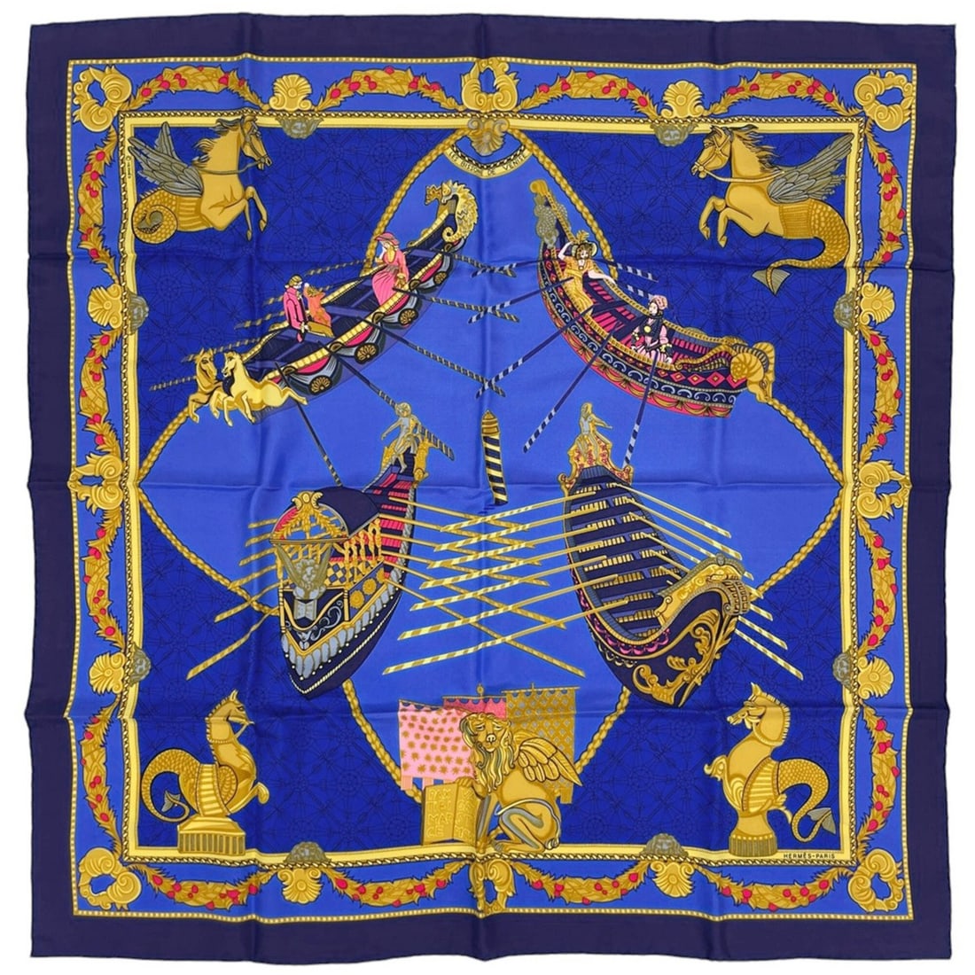 Hermes Carre 90 Les Bissone de Venice Scarf/Muffler, Boat Festival, Silk, Blue Multicolor, Women's (1 of 17)