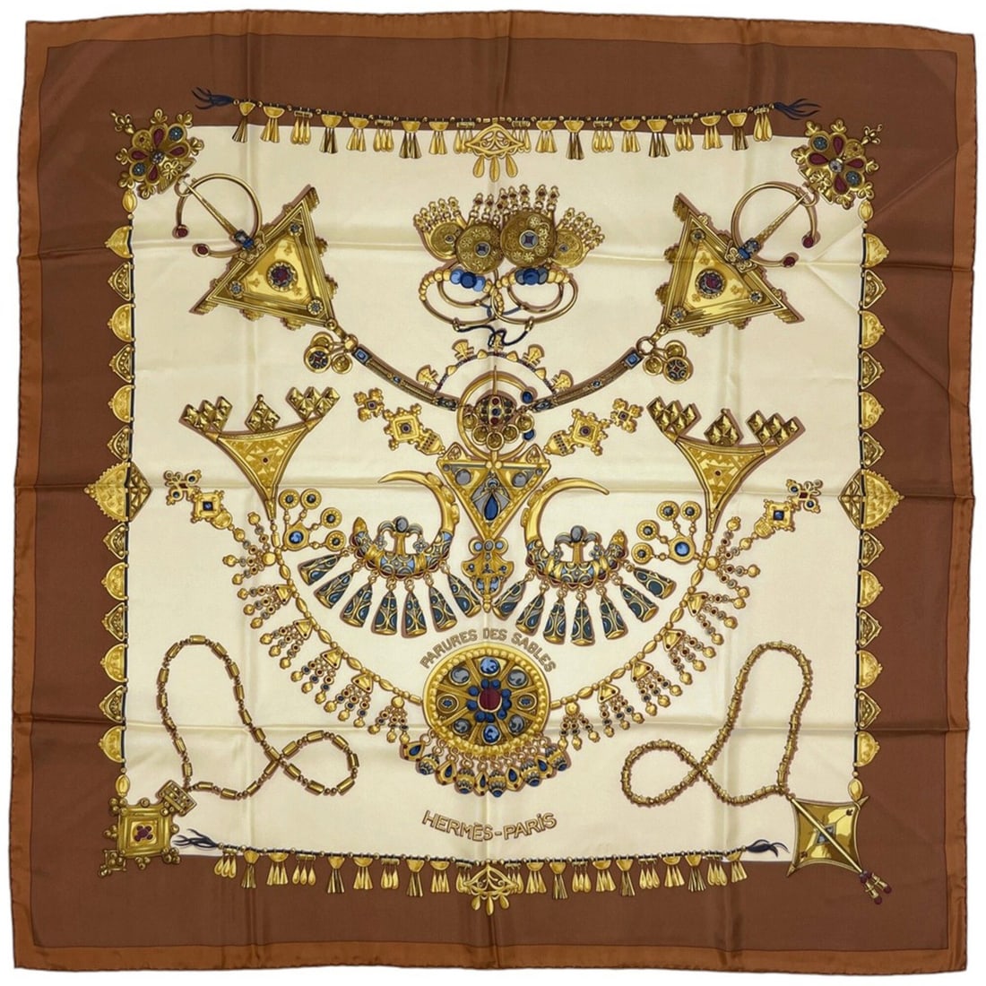Hermes Carre 90 Parures des Sables Scarf/Muffler, Desert Accessory, Silk, Brown Multicolor, Women's: --- Catalog ---Category: SizeSize (LxW): 89cm x 88cm / 35.03'' x 34.64''Category: DesignType: ScarfColor: Brown, Multi-colorGender: WomenMaterial: Silk Category: GeneralBrand: Hermes--- Item List ---S