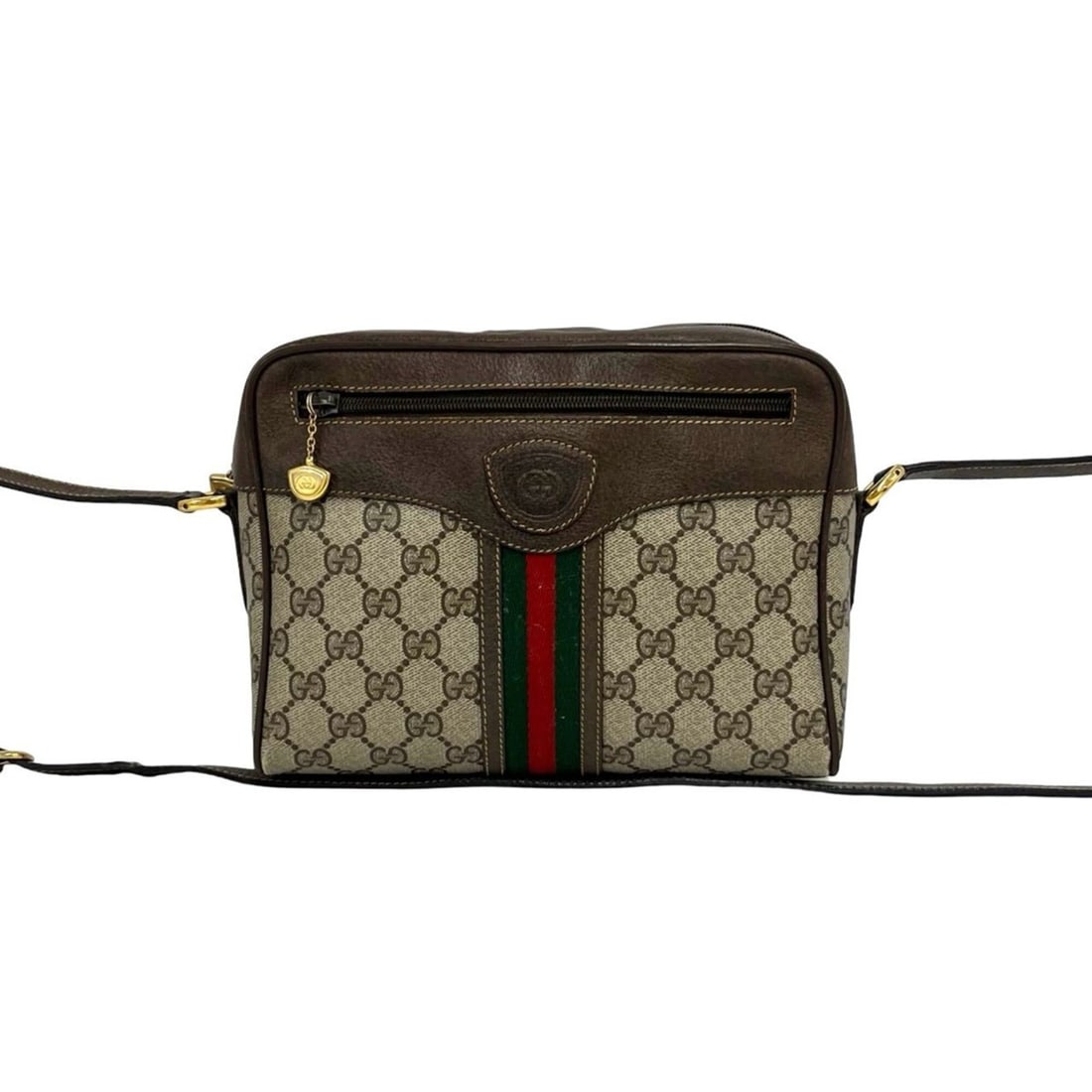 GUCCI Vintage Sherry Line GG Logo Leather Shoulder Bag/Pouch, Brown, 589-7: --- Catalog ---Category: SizeSize (HxWxD): 17.5cm x 22.5cm x 8cm / 6.88'' x 8.85'' x 3.14''Category: DesignType: Pochette, Shoulder bagColor: Brown, Green, Red colorGender: WomenMaterial: Leather , PV