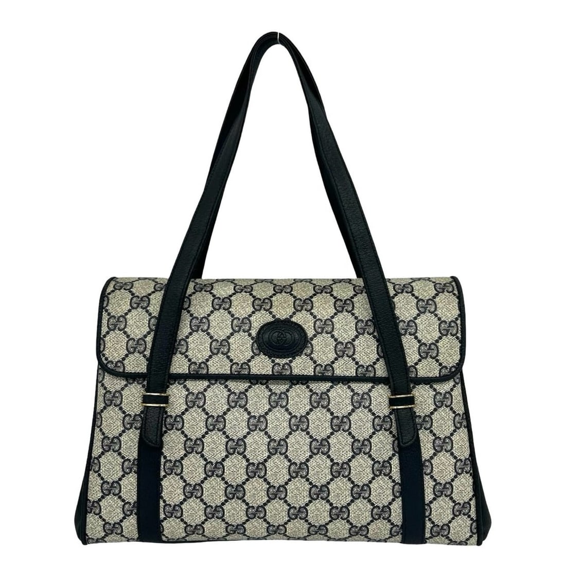 GUCCI Vintage GG Logo Leather Handbag/Shoulder Bag/Tote Bag, Navy, 447-2: --- Catalog ---Category: SizeSize (HxWxD): 20.5cm x 30cm x 9cm / 8.07'' x 11.81'' x 3.54''Category: DesignType: Handbag, Shoulder bag, Tote bagColor: NavyGender: WomenMaterial: PVC , Leather