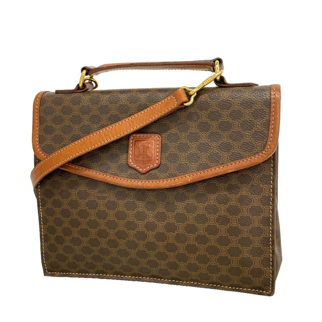 Celine Macadam Brown 2-way Handbag for Women P3360222: --- Catalog ---Category: SizeSize (HxWxD): 18.5cm x 24cm x 8cm / 7.28'' x 9.44'' x 3.14''Category: DesignType: HandbagColor: BrownGender: WomenMaterial: PVC Hardware Color: GoldCategory: GeneralBrand: