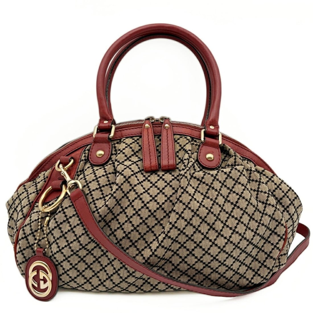 Gucci Diamante Sukey Shoulder Bag for Women, Beige/Red, 2-way, 223974: --- Catalog ---Category: SizeSize (HxWxD): 28cm x 33cm x 18cm / 11.02'' x 12.99'' x 7.08''Category: DesignType: Shoulder bagColor: Beige, Red colorGender: WomenMaterial: Canvas , Leather Category: Gen
