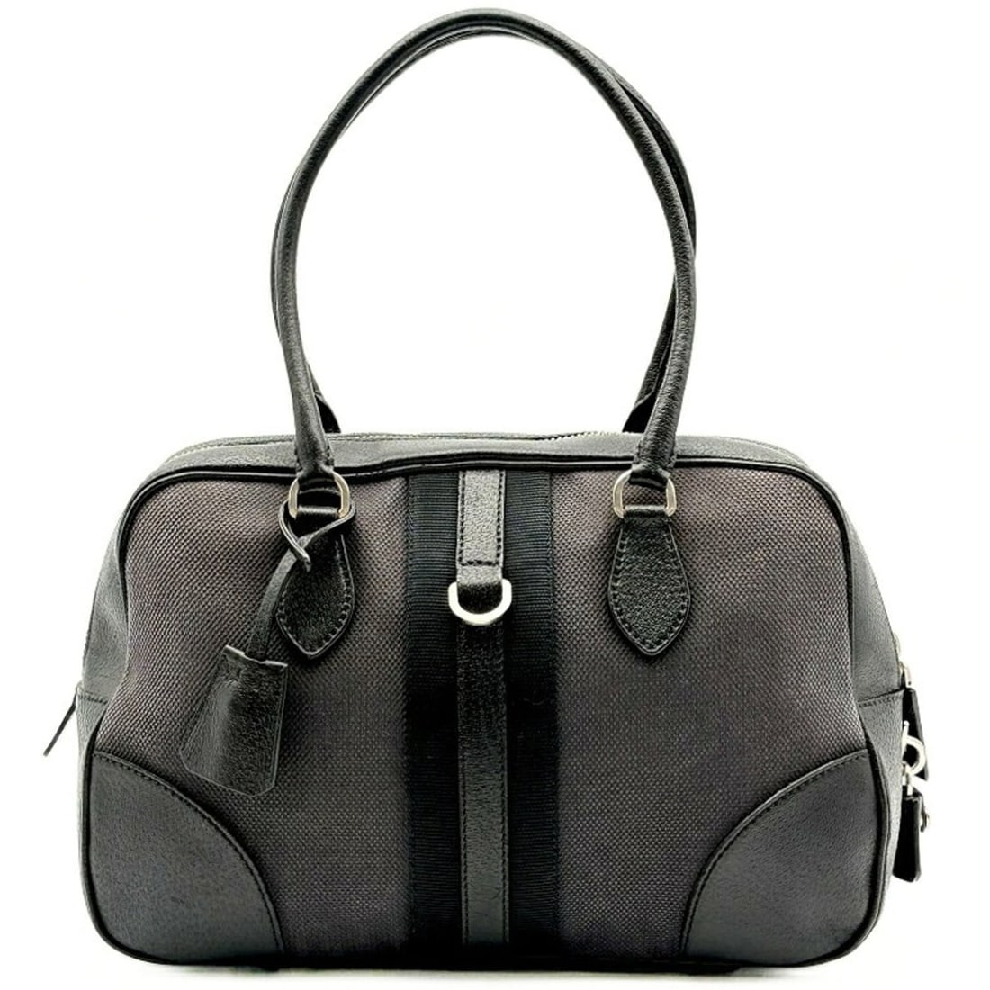 Prada mini Boston bag with plate design, canvas and leather, gray black, women's handbag.: --- Catalog ---Category: SizeSize (HxWxD): 22.5cm x 33cm x 13cm / 8.85'' x 12.99'' x 5.11''Category: DesignType: Boston bag, HandbagColor: Black, GrayGender: WomenMaterial: Canvas , Leather Category: 