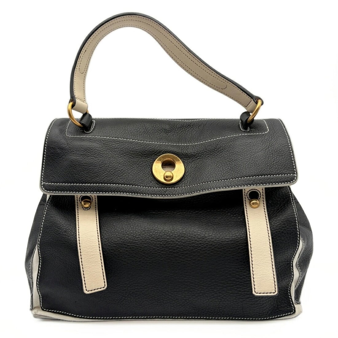 Yves Saint Laurent bag, Muse to handbag, 229680, black and white, one handle.: --- Catalog ---Category: SizeSize (HxWxD): 23cm x 31cm x 15cm / 9.05'' x 12.2'' x 5.9''Category: DesignType: HandbagColor: Black, WhiteGender: WomenMaterial: Leather , Canvas Category: GeneralMPN: 229