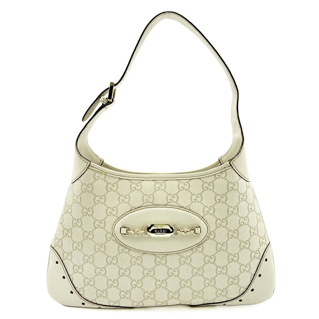 Gucci GUCCI bag, shoulder Guccissima 145778, leather, ivory, horsebit, perforated.: --- Catalog ---Category: SizeSize (HxWxD): 20cm x 34cm x 2cm / 7.87'' x 13.38'' x 0.78''Category: DesignType: Shoulder bagColor: IvoryGender: WomenMaterial: Leather Category: GeneralMPN: 145778Brand: 