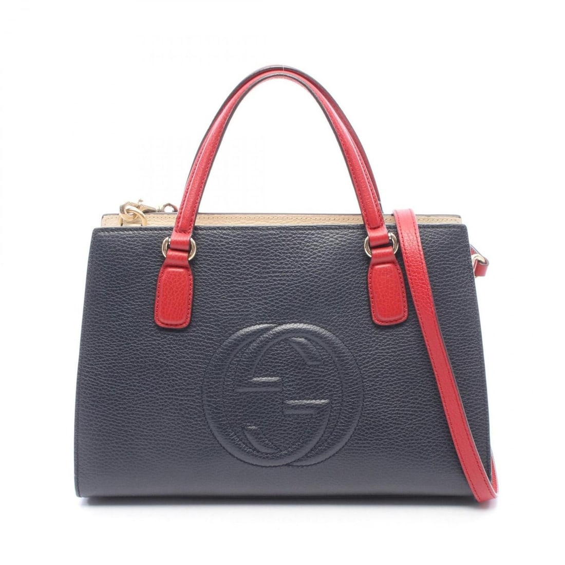Gucci Soho Interlocking G 2-Way Handbag, Leather, Women's, Navy, Red, Ivory, 431571: --- Catalog ---Category: SizeSize (HxWxD): 22cm x 32cm x 10cm / 8.66'' x 12.59'' x 3.93''Category: DesignType: HandbagColor: Ivory, Navy, Red colorGender: WomenMaterial: Leather Category: GeneralMPN: 