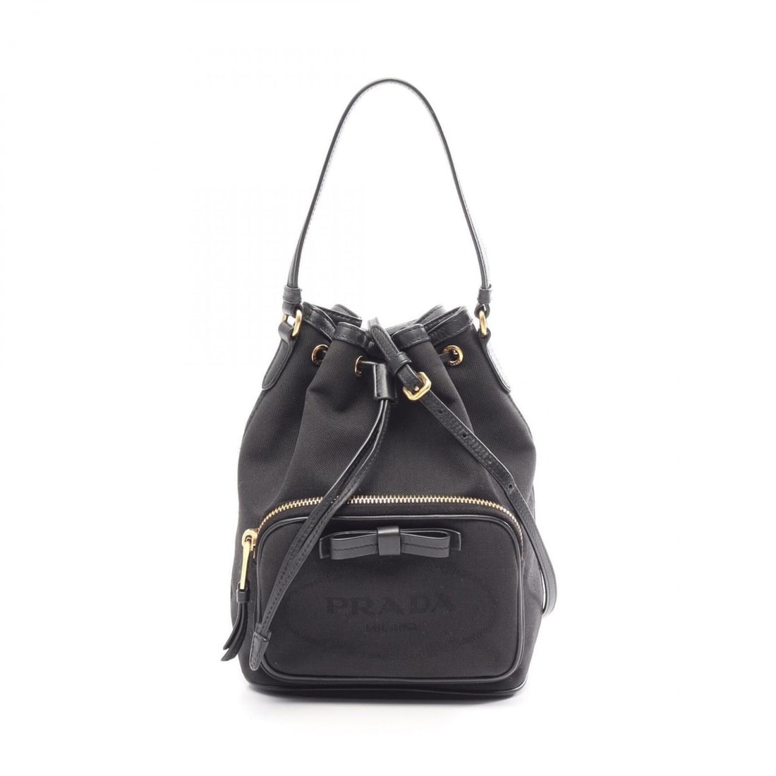 Prada LOGO JACQUARD Ribbon Drawstring 2-Way Handbag, Canvas Leather, Women's, Black: --- Catalog ---Category: SizeSize (HxWxD): 23cm x 18cm x 11cm / 9.05'' x 7.08'' x 4.33''Category: DesignType: HandbagColor: BlackGender: WomenMaterial: Canvas , Leather Category: GeneralBrand: Prada--
