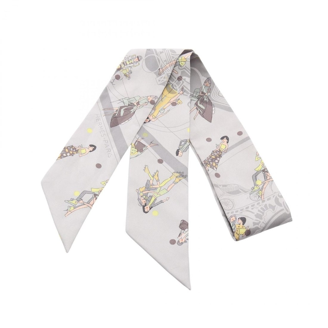 Hermes Twilly EX-LIBRIS LES PARISIENNE Ribbon Scarf Muffler Silk Women's Gray Yellow Multicolor: --- Catalog ---Category: SizeSize (LxW): 85cm x 5cm / 33.46'' x 1.96''Category: DesignType: ScarfColor: Gray, Multi-color, YellowGender: WomenMaterial: Silk Category: GeneralBrand: Hermes--- Item List
