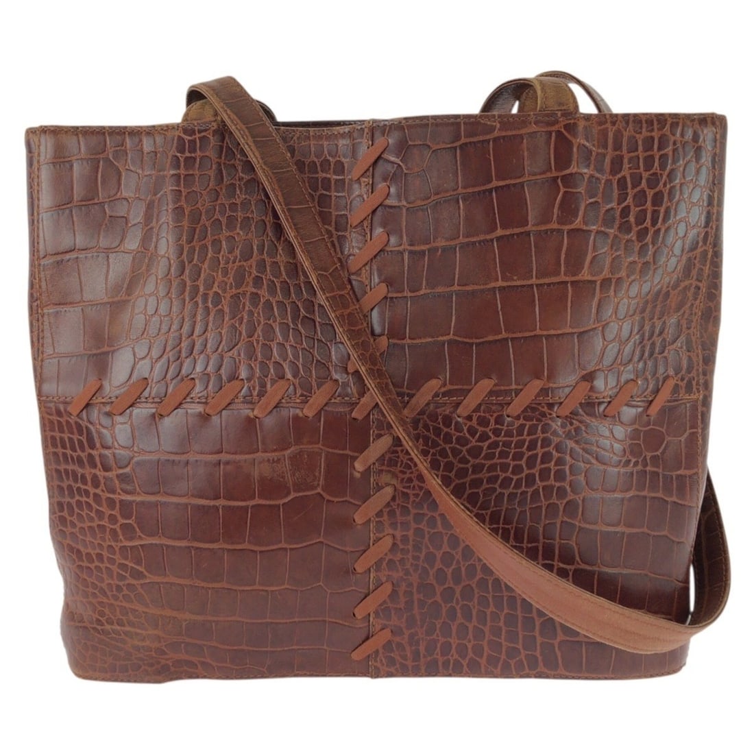 YVES SAINT LAURENT Vintage Whipstitch Embossed Brown Leather Shoulder Bag with Gold Hardware: --- Catalog ---Category: SizeSize (HxWxD): 26cm x 30cm x 9cm / 10.23'' x 11.81'' x 3.54''Category: DesignType: Shoulder bagColor: BrownGender: WomenMaterial: Leather Category: GeneralBrand: Yves Saint