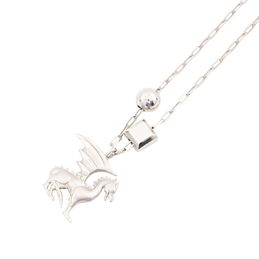 Hermes Necklace Talisman Dragon Motif Metal HERMES NECKLACE: --- Catalog ---Category: SizeStone Size (HxW): 32.00mm x 32.00mm / 1.26'' x 1.26''Neck Circumference: 70 cm / 27.55''Category: DesignColor: SilverGender: WomenMaterial: MetalNecklace Type: NecklaceCat
