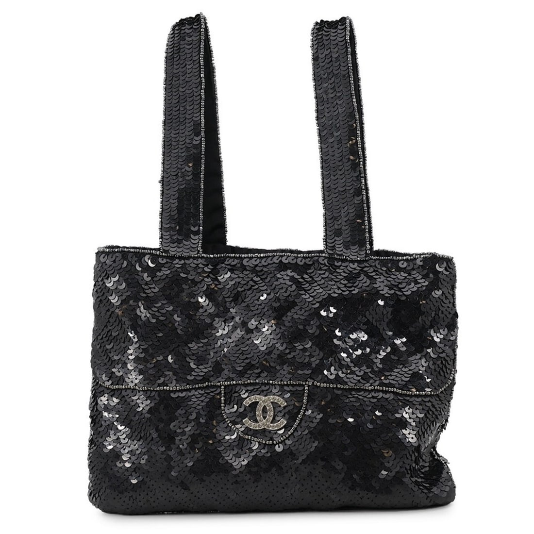 Chanel Mini Handbag with Coco Mark, Sequins, Beads, and Rhinestones, Black, Women's: --- Catalog ---Category: SizeSize (HxWxD): 16.5cm x 23cm / 6.49'' x 9.05''Category: DesignType: HandbagColor: BlackGender: WomenMaterial: Spangles Category: GeneralBrand: ChanelCountry of Origin: Fran