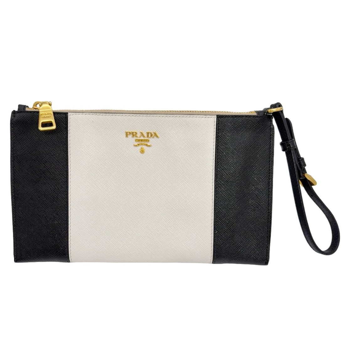Prada PRADA Flat Handbag Pouch Leather 1N1753 Black White Clutch Bag for Women: --- Catalog ---Category: SizeSize (HxWxD): 13.5cm x 23cm / 5.31'' x 9.05''Category: DesignType: Clutch bag, Handbag, PouchColor: Black, WhiteGender: WomenMaterial: Leather Category: GeneralMPN: 1N1753