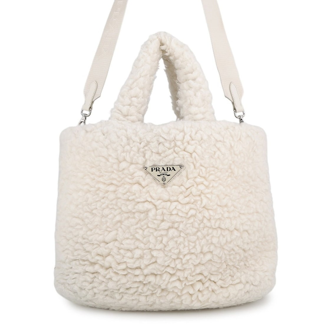 Prada Triangle Shearling Small Tote Bag, Cashmere Wool, 1BG428, PRADA 2-way, White, Handbag, Women's: --- Catalog ---Category: SizeSize (HxWxD): 26cm x 31cm x 16cm / 10.23'' x 12.2'' x 6.29''Category: DesignType: Handbag, Tote bagColor: WhiteGender: WomenMaterial: Cashmere , Wool Hardware Color: Silve