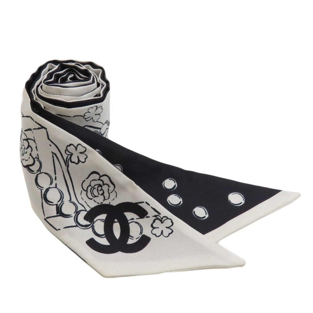 Chanel Coco Mark Slim Bandeau Scarf Muffler Silk Women's CHANEL: --- Catalog ---Category: SizeSize (LxW): 1.65m x 5cm / 64.96'' x 1.96''Category: DesignType: ScarfColor: Black, WhiteGender: WomenMaterial: Silk Category: GeneralBrand: Chanel--- Item List ---Section: