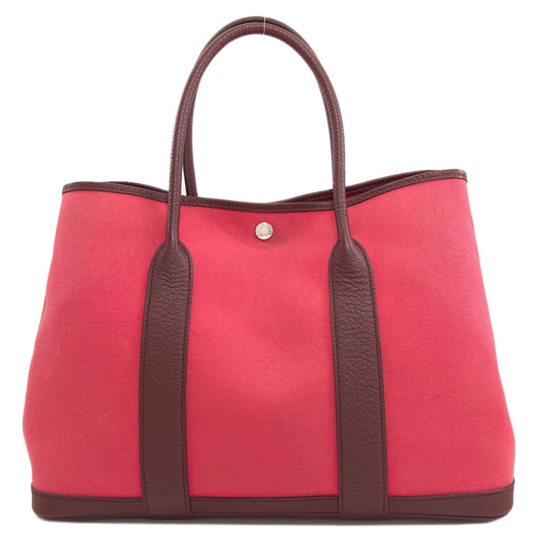 Hermes Garden Party PM Silver Hardware Handbag Toile Officier Women's HERMES: --- Catalog ---Category: SizeSize (HxWxD): 26.5cm x 36.5cm x 18cm / 10.43'' x 14.37'' x 7.08''Category: DesignType: HandbagColor: PinkGender: WomenMaterial: Toile officier Category: GeneralBrand: Herm