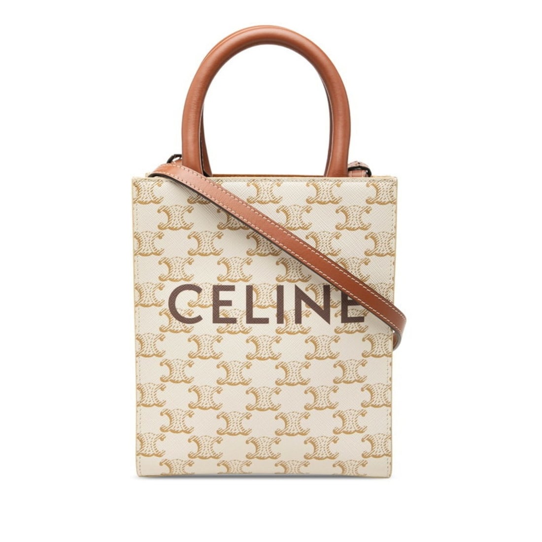 Celine Triomphe Mini Vertical Cabas Handbag Shoulder Bag 2-Way White Brown Leather Women's CELINE: --- Catalog ---Category: SizeSize (HxWxD): 20cm x 17cm x 5.5cm / 7.87'' x 6.69'' x 2.16''Category: DesignType: Handbag, Shoulder bagColor: Brown, WhiteGender: WomenMaterial: PVC , Leather Category: Ge