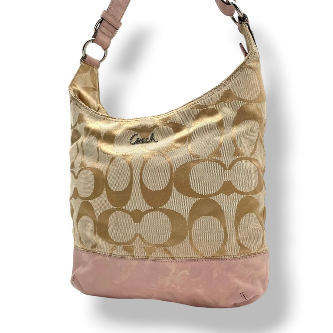 COACH Signature Hobo Shoulder Bag, One-Shoulder Crossbody Canvas and Leather, Beige/Light Pink,: --- Catalog ---Category: SizeSize (HxWxD): 27cm x 32cm x 8cm / 10.62'' x 12.59'' x 3.14''Category: DesignType: Shoulder bagColor: Beige, Light pinkGender: WomenMaterial: Canvas , Leather Category: Gen