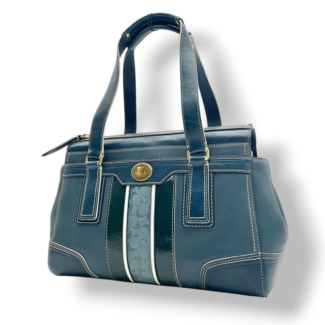 COACH Signature Turnlock Carryall Medium Tote Bag Handbag Leather Blue Gold Hardware Women's 11609: --- Catalog ---Category: SizeSize (HxWxD): 22cm x 32cm x 12cm / 8.66'' x 12.59'' x 4.72''Category: DesignType: Handbag, Tote bagColor: BlueGender: WomenMaterial: Leather Category: GeneralMPN: 11609Bra