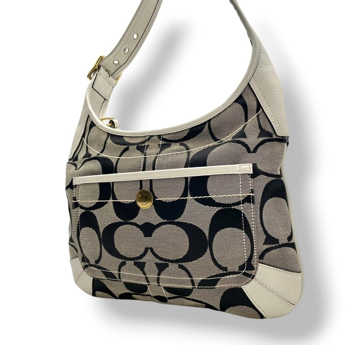 COACH Signature One-Shoulder Bag, Shoulder Canvas and Leather, Gray, White, Gold Hardware, Women's,: --- Catalog ---Category: SizeSize (HxWxD): 23cm x 31cm x 5cm / 9.05'' x 12.2'' x 1.96''Category: DesignType: Shoulder bagColor: Gray, WhiteGender: WomenMaterial: Signature line , Leather Category: Gen