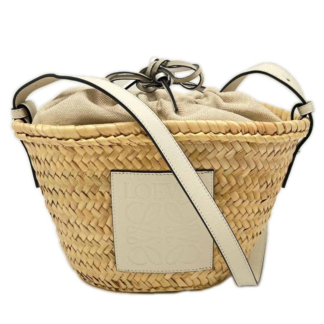 LOEWE Drawstring Bucket Bag A223222X01 Handbag Beige White Calf Leather Palm Leaf Women's (1 of 20)