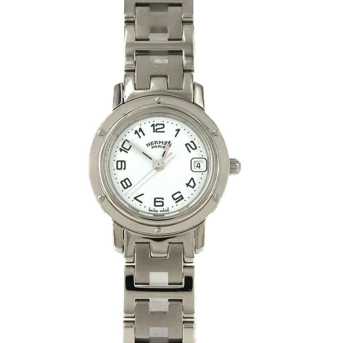 Hermes Clipper CL4.210 SS Quartz Watch: --- Catalog ---Category: SizeWrist Size: 15.5cm / 6.1''Case Diameter: 24mm / 0.94''Category: DesignType: WristwatchGender: WomenColor (Dial): WhiteMaterial (Band): Stainless steelMaterial (Case): Stai