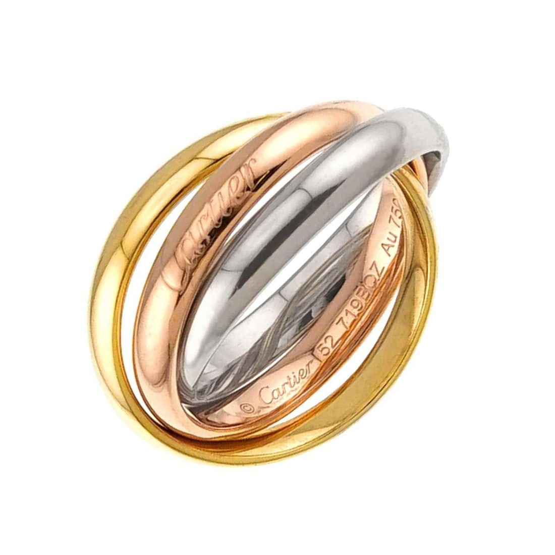 Cartier Trinity Medium MM #52 Ring, 18K Yellow Gold, White Pink Triple Band, Three Colors, 750 Gold.: --- Catalog ---Category: SizeUS Size: 6Brand Size: 52Category: DesignType: Band ringGender: WomenMaterial: Pink gold (18K), White gold (18K), Yellow gold (18K)Category: GeneralBrand: Cartier--- Item L