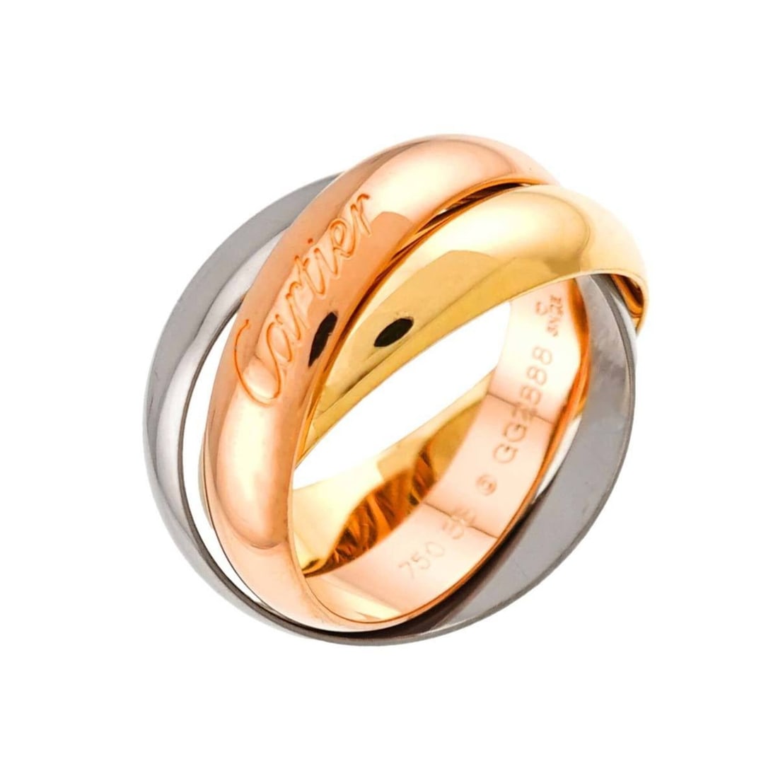 Cartier Trinity Ring #58, 18K Yellow Gold, White Pink Triple Band, Three 3 Colors, 750 Gold.: --- Catalog ---Category: SizeUS Size: 9Brand Size: 58Category: DesignType: Band ringGender: Women,MenMaterial: Pink gold (18K), White gold (18K), Yellow gold (18K)Category: GeneralBrand: Cartier--- It