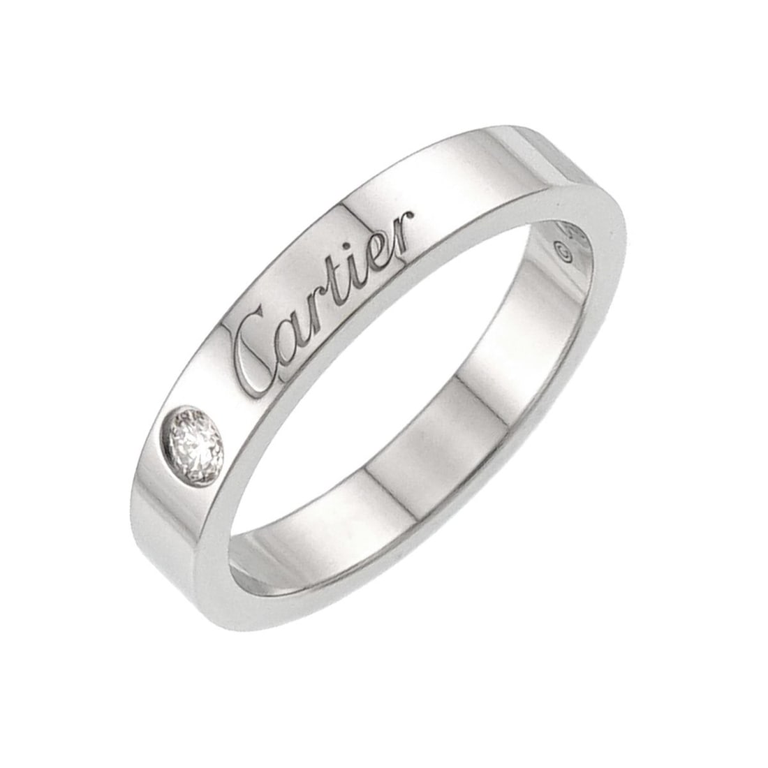 Cartier C de #47 Ring, 3mm wide, 1 diamond, Platinum.: --- Catalog ---Category: SizeUS Size: 4Brand Size: 47Category: DesignType: Band ringGender: WomenMaterial: Platinum 950Category: GeneralBrand: Cartier--- Item List ---Section: ConditionRanking: Rank S