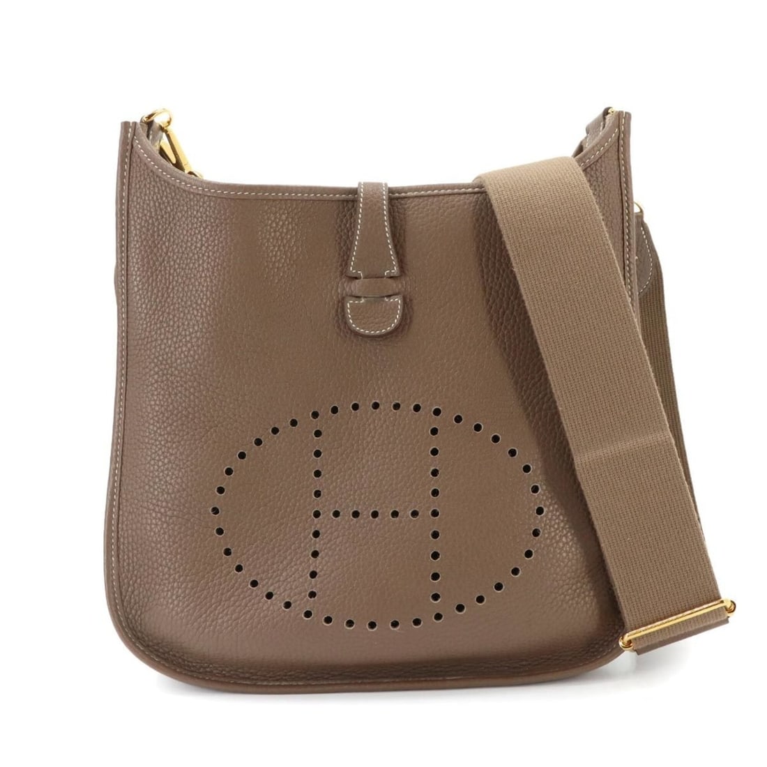 Hermes Evelyne 3 PM Shoulder Handbag, Taurillon Clemence Leather, Etoupe, D Stamp, Gold Hardware: --- Catalog ---Category: SizeSize (HxWxD): 30cm x 29cm x 9cm / 11.81'' x 11.41'' x 3.54''Category: DesignType: Handbag, Shoulder bagColor: Etoupe grayGender: WomenMaterial: Taurillon clemence leather 