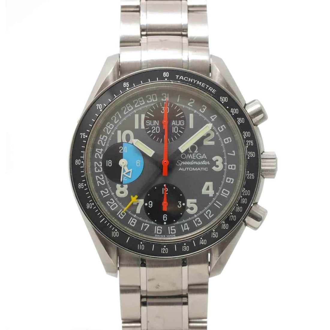 Omega Speedmaster Mark 40 AM PM Triple Calendar 3520 53 Men's Watch, Gray, Automatic Movement: --- Catalog ---Category: SizeWrist Size: 18.5cm / 7.28''Case Diameter: 39mm / 1.54''Category: DesignType: WristwatchGender: MenColor (Dial): Black, Blue, GrayMaterial (Band): Stainless steelMaterial (