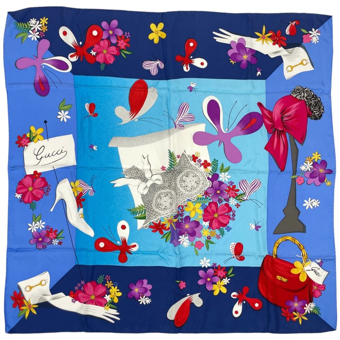 Gucci scarf/muffler, floral pattern, silk, blue, multicolor, women's.