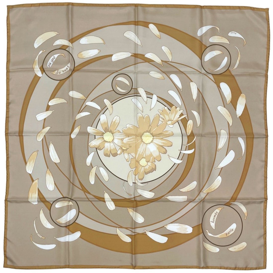 Hermes Carre 90 Au gre du vent scarf/muffler, silk, beige, women's.
