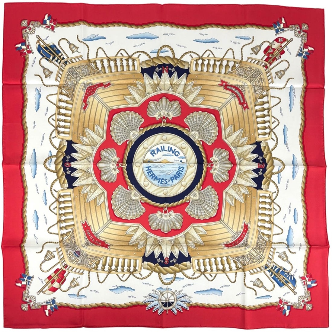Hermes Carre 90 RAILING Scarf/Muffler, Ship's Railing Design, Silk, White, Red, Multicolor, Women's
