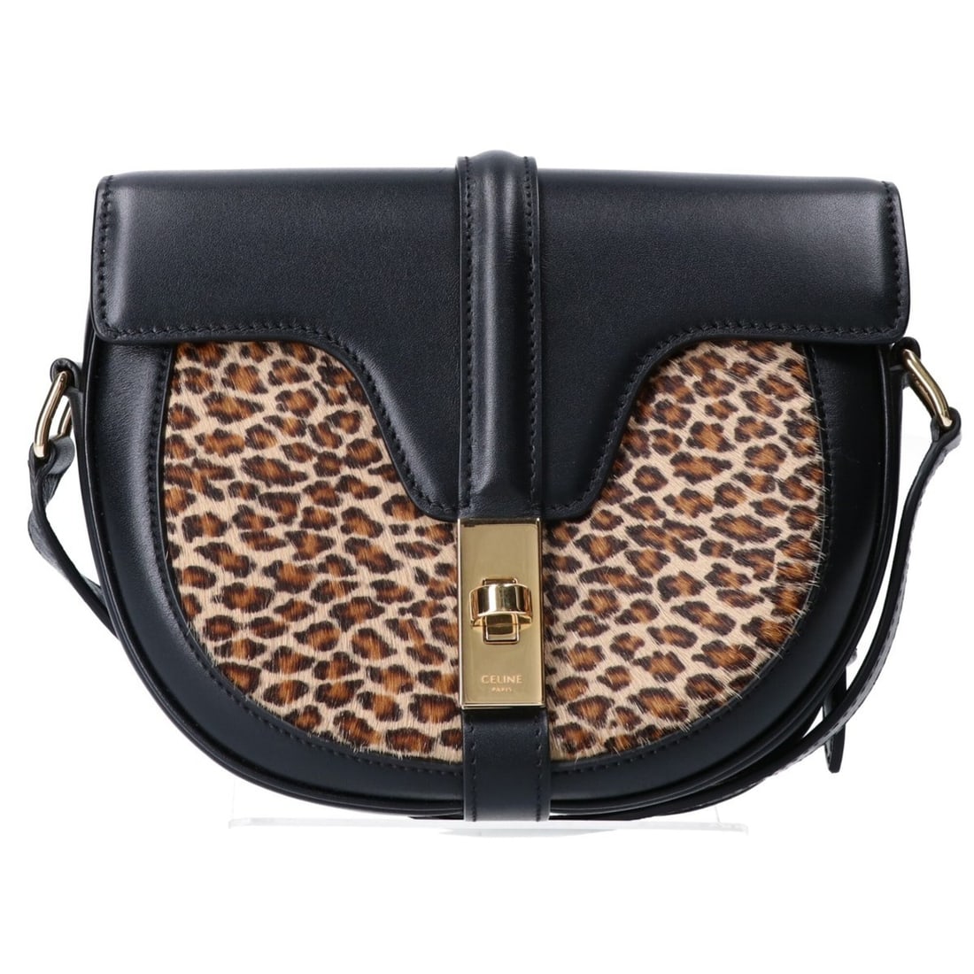 CELINE (Celine) 2019 model, 188013, Black Calfskin x Haircalf Leopard Print Small Buzas 16 Shoulder
