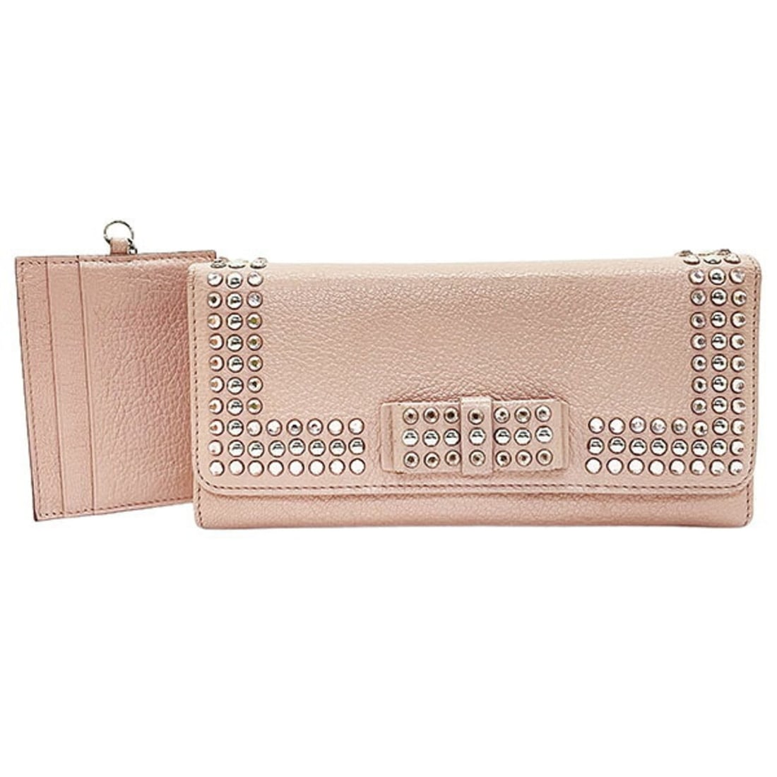 Miu Miu Miu Bijou Studded Ribbon Bi-fold Long Wallet, Leather, Beige Pink: --- Catalog ---Category: SizeSize (HxWxD): 9.5cm x 19.5cm x 3cm / 3.74'' x 7.67'' x 1.18''Category: DesignType: Long wallet (bi-fold)Color: Beige pink, PinkGender: WomenMaterial: Leather Leather/Fur T