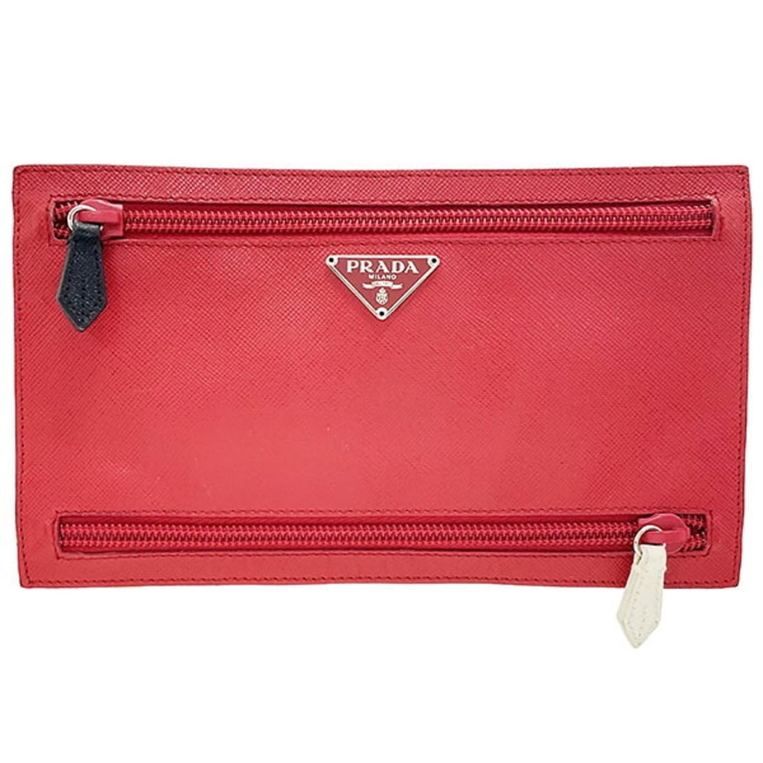 Prada Triangle Pouch, Saffiano Multicolor Leather, Red Plate, Multi-purpose Flat Pouch: --- Catalog ---Category: SizeSize (HxWxD): 11.5cm x 20cm / 4.52'' x 7.87''Category: DesignType: PouchColor: Black, Multi-color, Orange, Red color, White, YellowGender: Women,MenMaterial: Leather , Saf